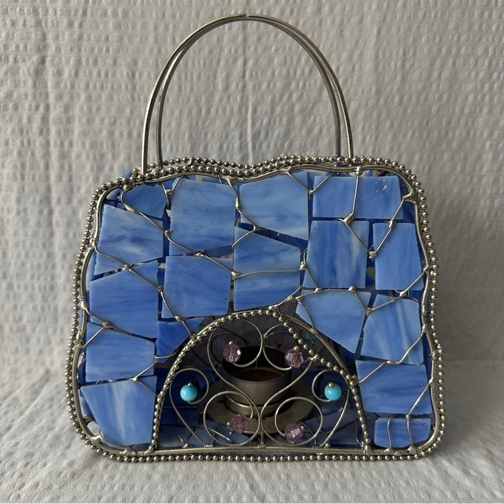 Vintage Blue Stained Glass Handbag Tea Light Holder Mosaic Purse Art Decor Boho